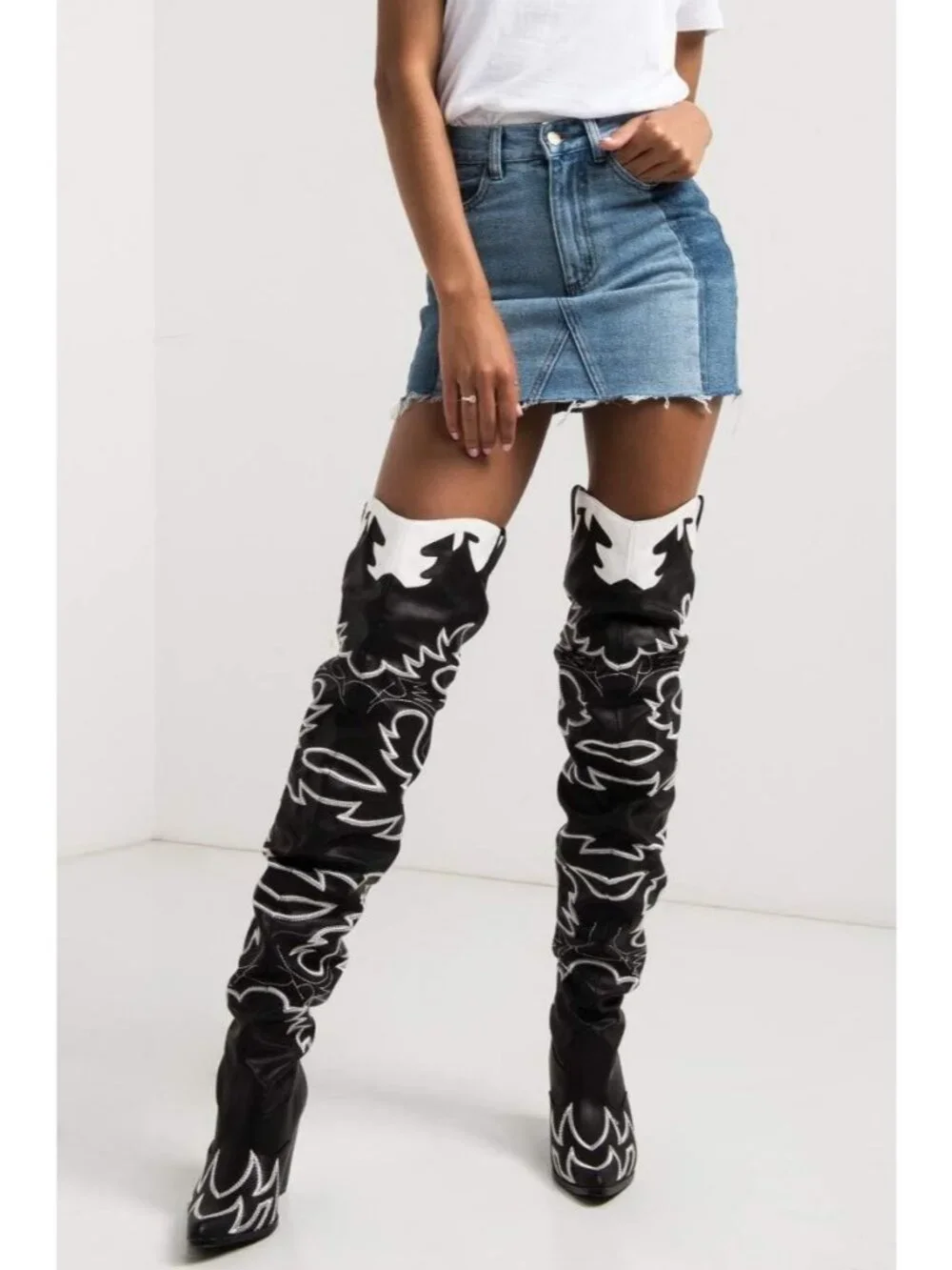 Women's Black White Western Chunky Heel High Slip Resistant Block Heels Boots - Picture 2 of 6